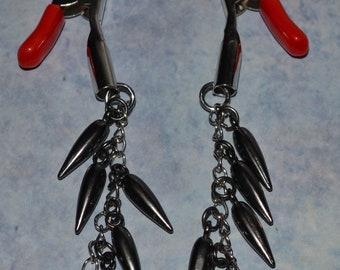 One Pair Adjustable Nipple Clamps with Metallic Black Spikes--Ready to Ship