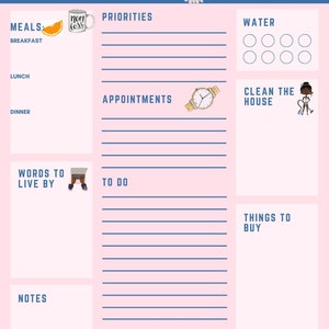 Puede incluir: Un planificador diario imprimible rosa y azul con secciones para comidas, prioridades, citas, tareas, notas, palabras para vivir, cosas para comprar, limpiar la casa y agua. El planificador tiene ilustraciones de una taza de café, una naranja, un reloj, una computadora portátil, una mujer limpiando y un par de tacones altos.