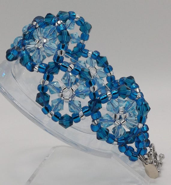 Teal Blue Woven Glass Crystal Bead Bracelet _ Right Angle Weave _ Spockles