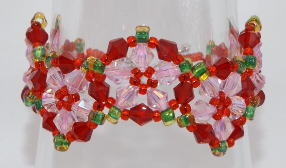 Crazy Daisy Flower _ Woven Bead Bracelet _ Crystal Glass Beads _ Right Angle Weave _ Spockles _ Handmade in the USA _ Red, Pink, Green