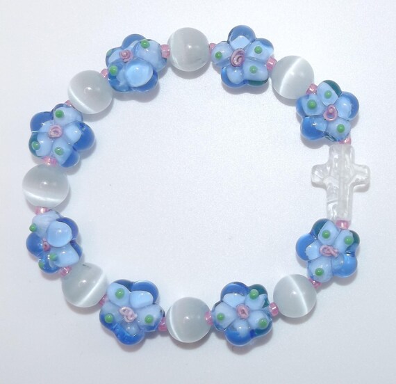 Millefiori Glass Cross Stretch Bracelet with Blue Floral Lampwork Beads  _ Made in USA  _ Spockles
