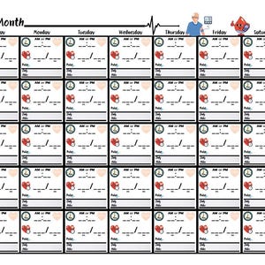May include: A monthly health tracker with boxes for each day of the week. Each box has space for AM or PM entries, pulse, daily notes, and other data. The top of the tracker has the word "Month".