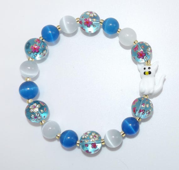 Cat Lampwork Bead Stretch Bracelet _Blue Floral _ Made in USA _ Spockles