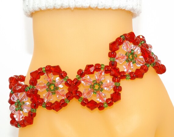 Red Pink Green Woven Glass Crystal Bead Bracelet _ Right Angle Weave _ Spockles