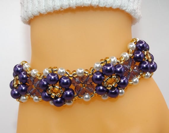 Purple White Gold Woven Crystal Bead Bracelet _ Right Angle Weave _ Spockles