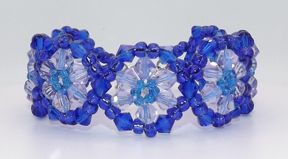 Blue Glass Crystal Bead Woven Bracelet _ RAW _ Finished Product _ Large _ Fits 7.5 inch wrist _