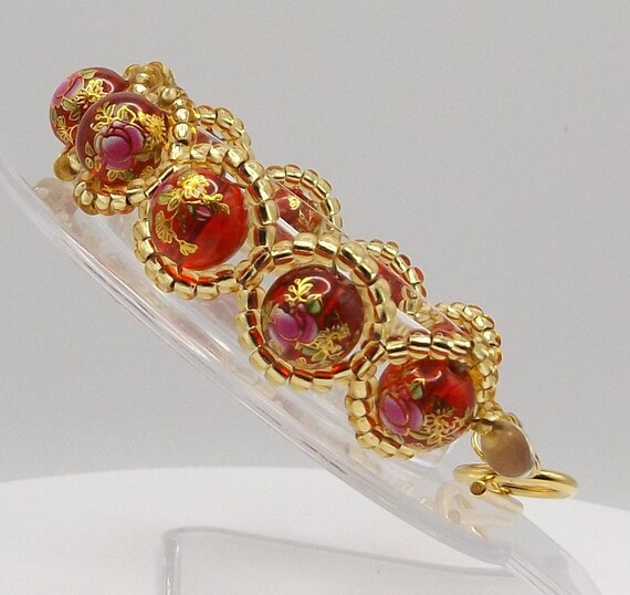 Red and Gold Floral Glass Bead Bracelet _ RAW Woven _ Flowers _ Finished Product