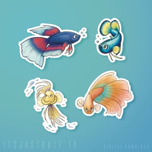 May include: Four colourful fish illustrations with white outlines. The fish are in different poses and have different colours and patterns. The fish are on a light blue background.