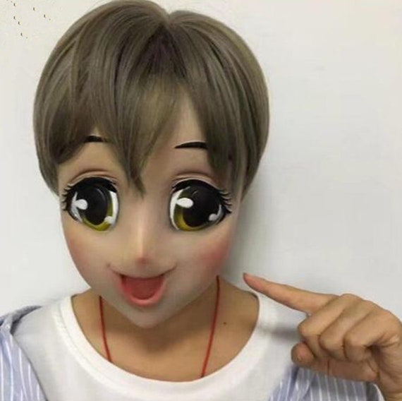 Latex Female Sweet Girl Full Face Kigurumi Mask With BJD Eyes Cartoon Cosplay