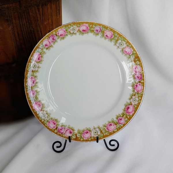 Antique P K Silesia Pink Rose Floral Trim Bread & Butter Plate Gold Trim Shabby Chic Decor German Dish
