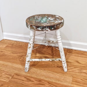 Amazing Antique Wooden Milking Stool Chippy Paint Stool French Stool