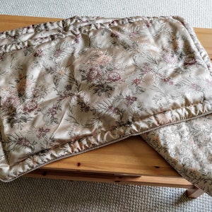May include: A set of two beige and brown floral patterned throw pillows with a satin-like finish. The pillows have a decorative trim around the edges.