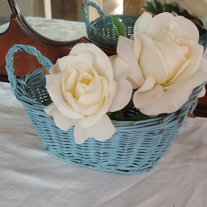 Stunning Blue Wicker French Double Handle Oval Basket Farmhouse Decor Shabby Chic French Decor