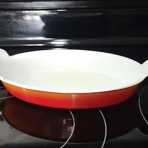 Vintage Descoware Enameled Cast Iron Oval #24 Flame Cherry Orange Handled Dish, Au Gratin, Made in Belgium