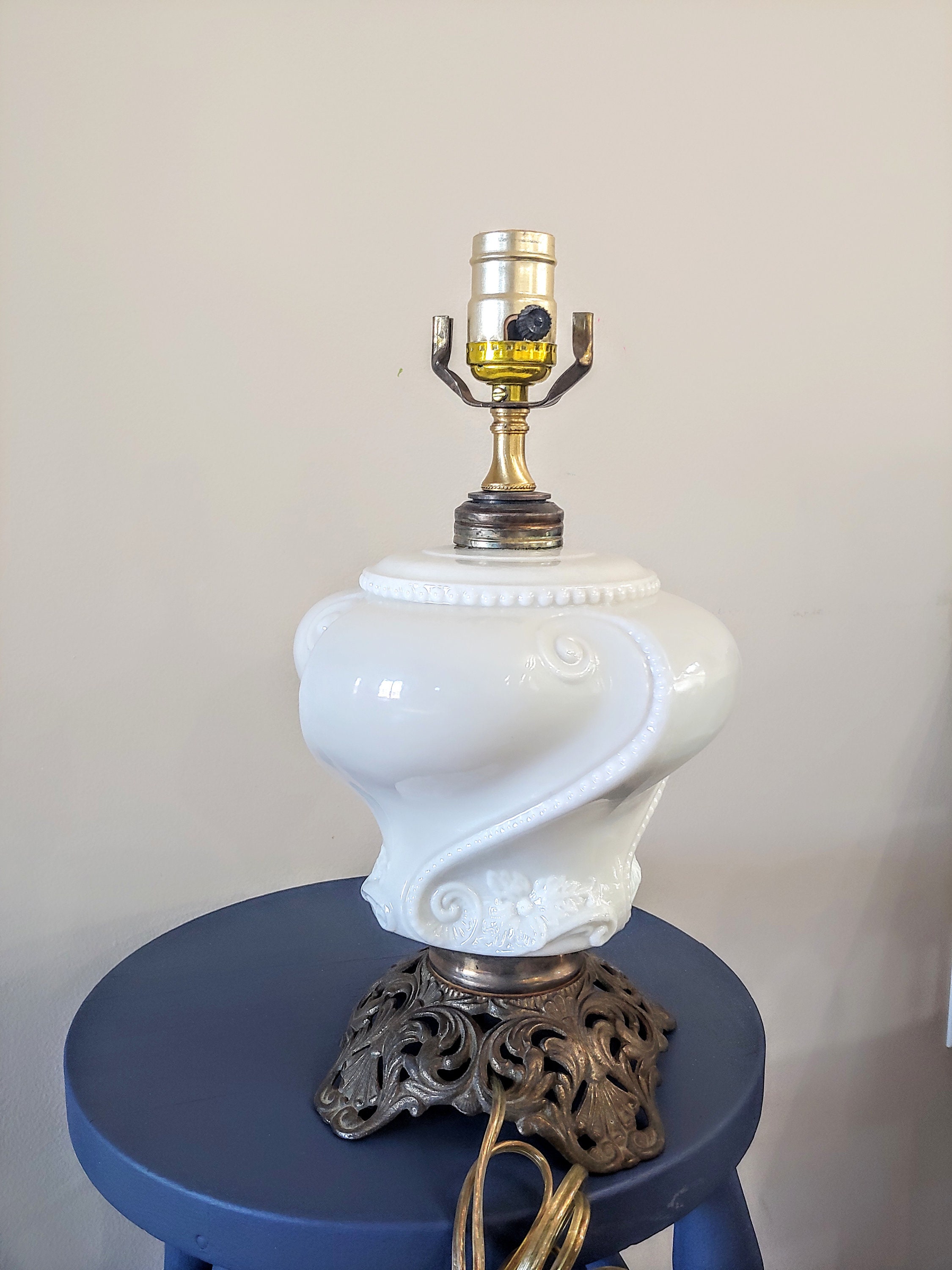 Large Antique Milk Glass Floral Embossed Oil Lamp Etsy