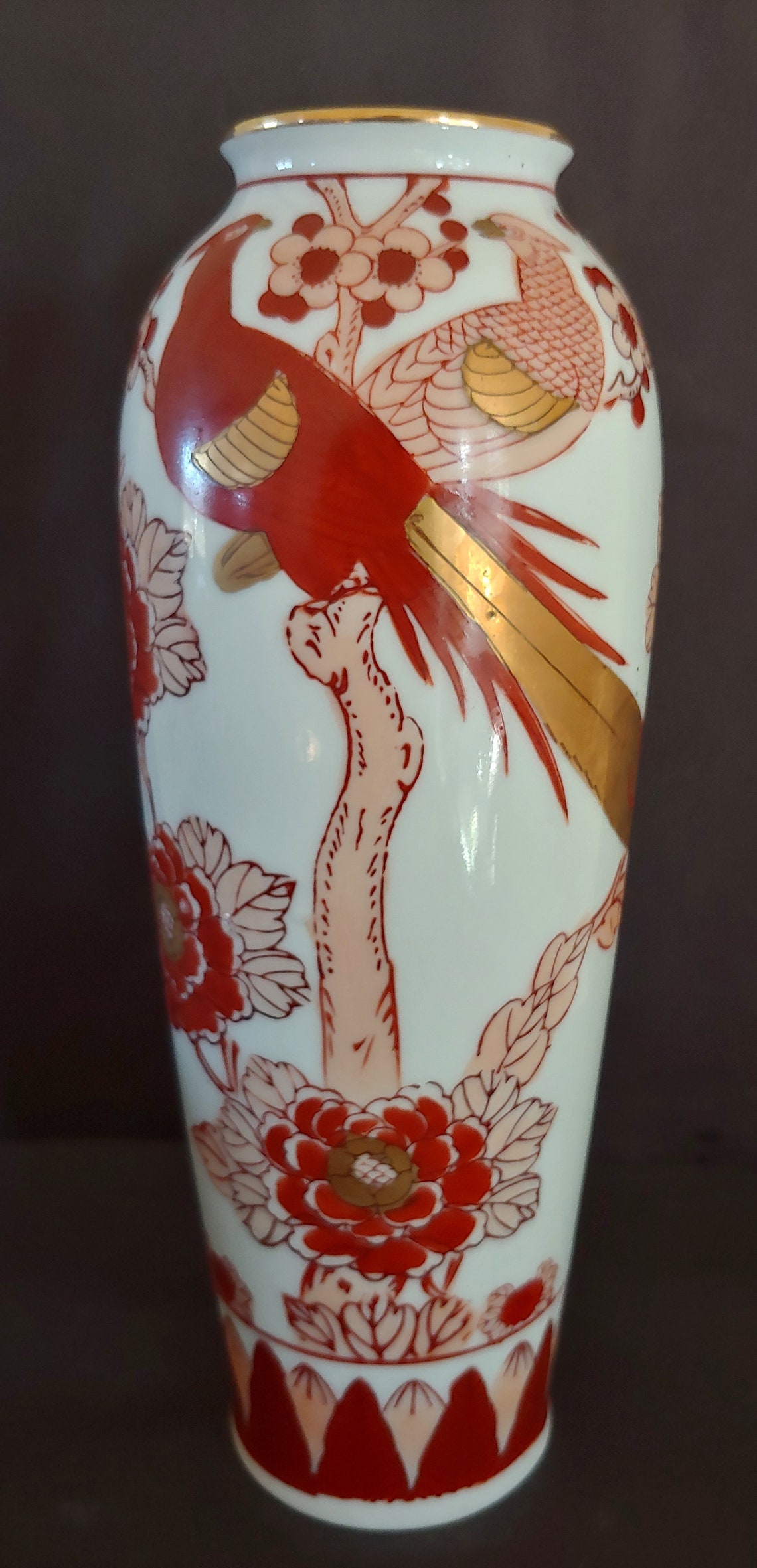 Vintage Gold Imari Hand Painted Vase Red Bird Flowers Japan Etsy