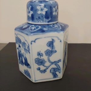 Antique Kangxi Blue and White Flower Ginger Jar-blue and white jar-collectable-decor-old ginger jar-vintage ginger jar-6 sides