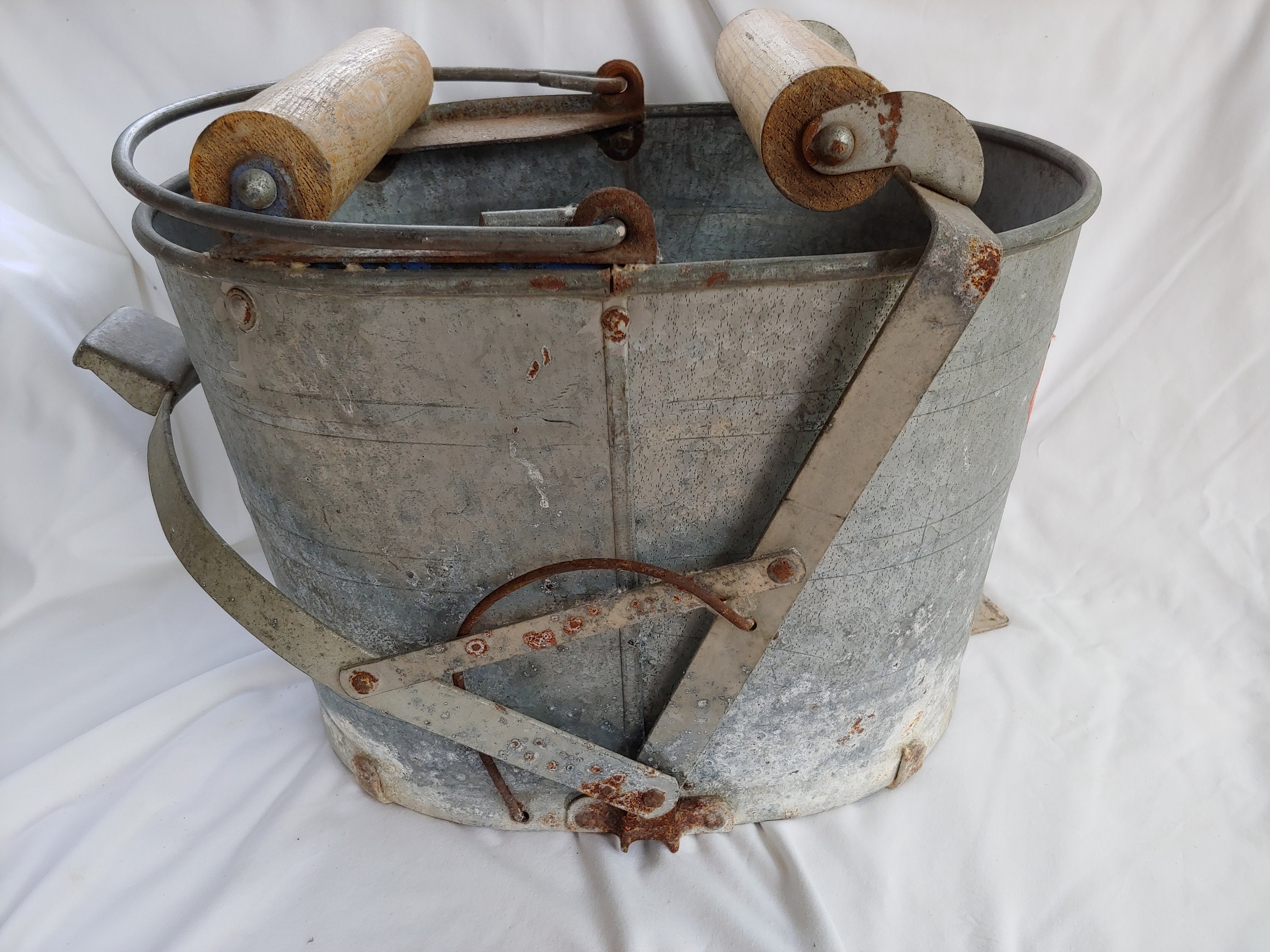 Vintage Galvanized Metal White Wringer Mop Bucket Pail Wood Etsy