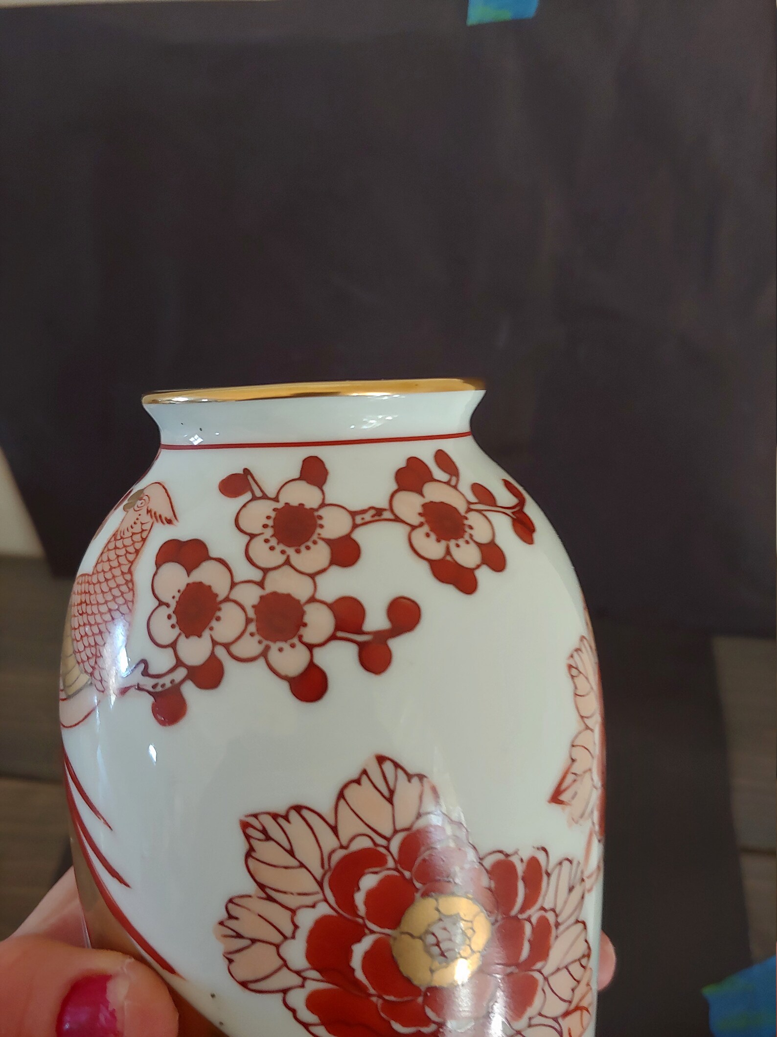 Vintage Gold Imari Hand Painted Vase Red Bird Flowers Japan Etsy