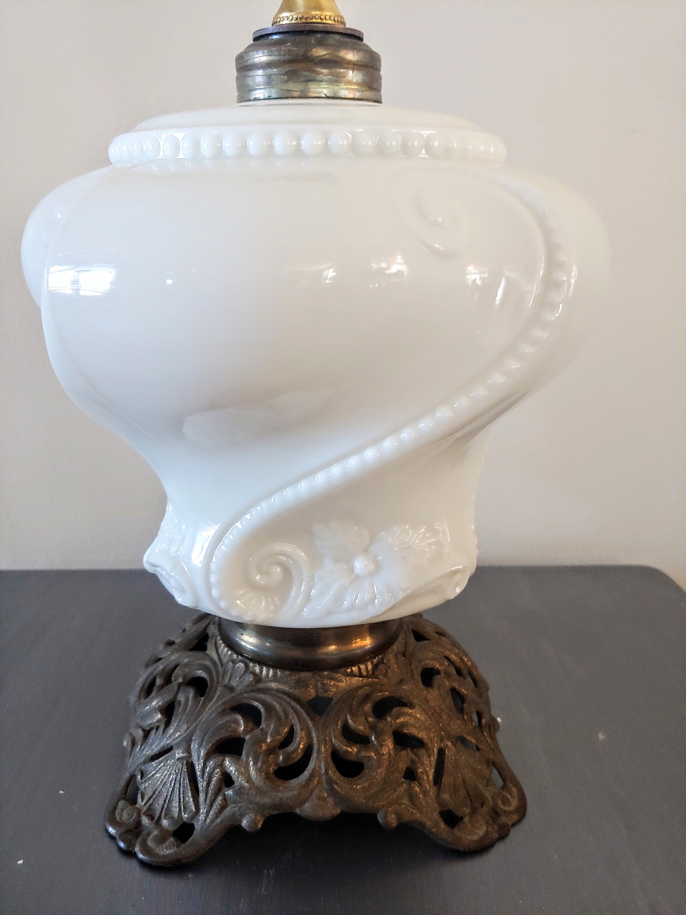 Large Antique Milk Glass Floral Embossed Oil Lamp Etsy