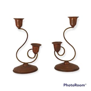 Vintage Pair of Copper & Brass Candlestick Holders Made in Mexico  Swirled candle holders Double candlestick Holder Candelabra