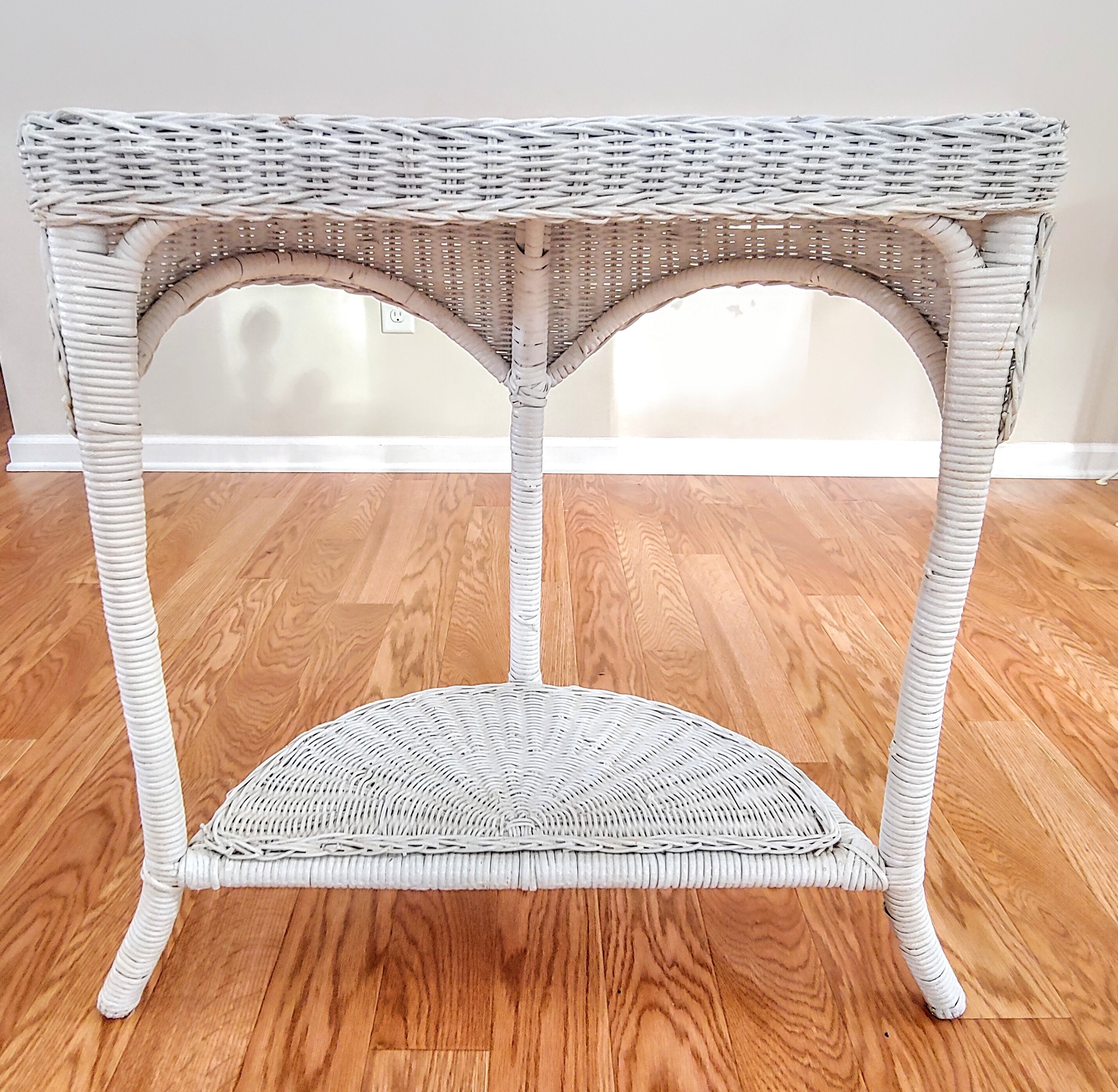 Vintage Half Round White Wooden Wicker Accent Table Half Circle Table