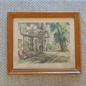 Vintage framed watercolor antique store print signed by Lucille Hobbie-wall art- wood frame-watercolor print-signed-gift