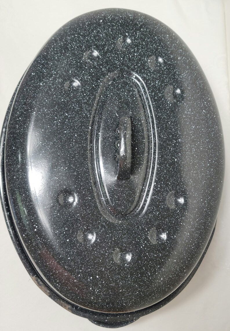 Vintage Large USA Graniteware Roasting Pan With Lid Blue Speckled