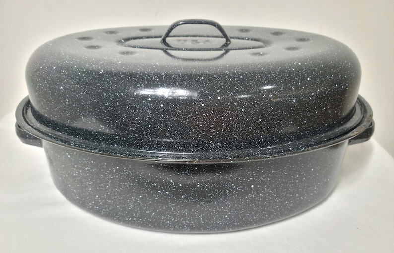 Vintage Large USA Graniteware Roasting Pan With Lid Blue Speckled