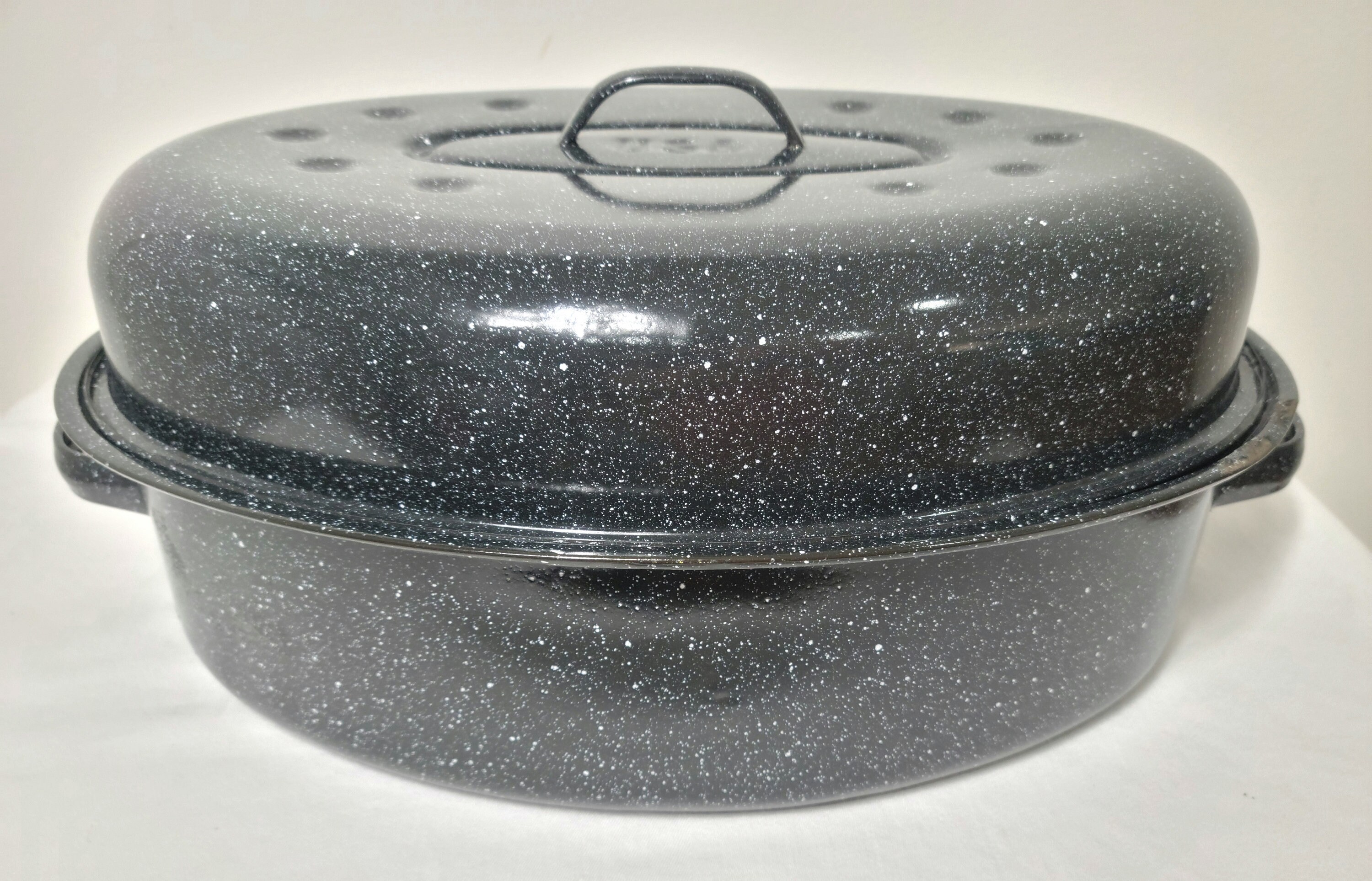 Vintage Large USA Graniteware Roasting Pan With Lid Blue Speckled