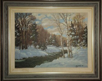 Nice Vintage Canadian School Oil on Panel Painting 'Winter Landscape' by Artist N. T. Jones