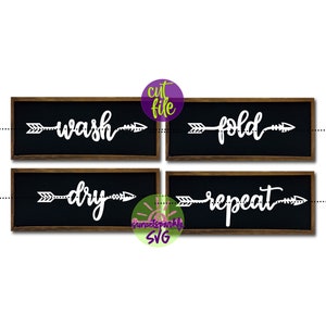 May include: Four black framed signs with white arrows and text. The signs read "wash", "fold", "dry", and "repeat".