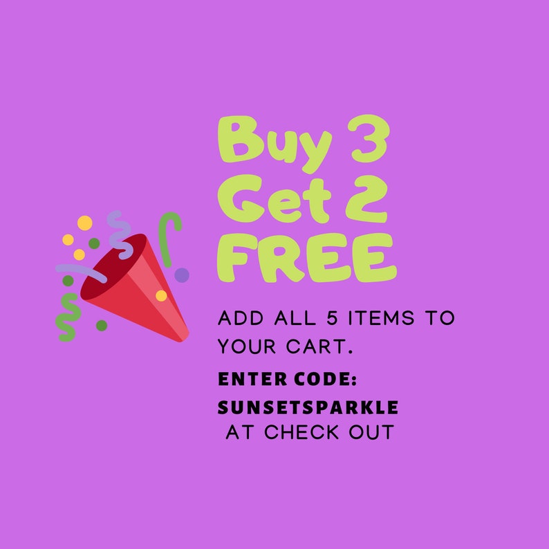 Puede incluir: Un fondo morado con un serpent&iacute;n rojo y texto verde que dice "Buy 3 Get 2 FREE". El texto debajo dice "ADD ALL 5 ITEMS TO YOUR CART. ENTER CODE: SUNSETSPARKLE AT CHECK OUT."