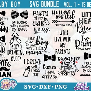K&ouml;nnte beinhalten: Ein digitaler Download von 15 SVG-Designs f&uuml;r Baby-Jungen-bastelarbeiten. Die Designs beinhalten S&auml;tze wie "Party at my crib", "I'm always getting picked up by ladies", "Just a boy in love with his mama", "I still live with my parents", "Little heart breaker", "The prince has arrived", "Future ladies man, current mama's boy" und mehr.