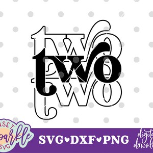 May include: Black and white graphic design of the word "two" with decorative flourishes. The design is suitable for use as a birthday card, party decoration, or scrapbook element.