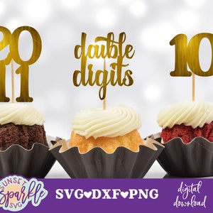 Dubbele cijfers svg - taart topper svg, 10e verjaardag svg, verjaardag svg, dxf, png, dubbele cijfers svg-bestanden, gesneden bestanden, bundel svg, cupcake