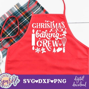 May include: Red Christmas baking apron with white text that says "Christmas Baking Crew" with a gingerbread man, snowflake, rolling pin, and whisk design.