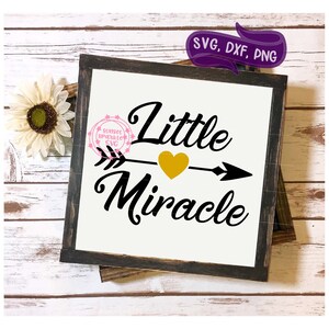 Op de afbeelding: Een ingelijst bord met een zwarte pijl en een gouden hart, met de tekst "Little Miracle" in zwarte cursieve letters.