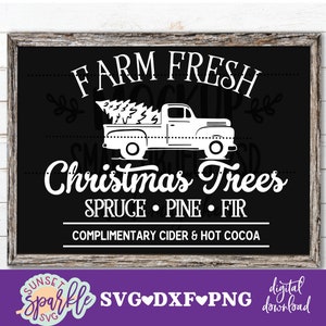 Árvores de Natal frescas da fazenda Svg, Caminhão de árvore de Natal Svg, Cidra e chocolate quente de cortesia, Feliz Natal Svg, arquivo png dxf, Rústico svg