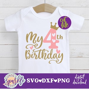 Mijn 4e verjaardag svg, feestvarken svg, verjaardag svg, dxf, png-bestand, meisje verjaardag svg-bestanden, vierde verjaardag svg