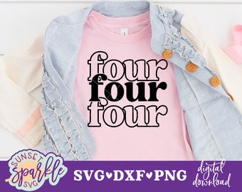 May include: A pink t-shirt with the text "four four four" in black. The shirt is on a white surface with a blue denim jacket and a pink bow.