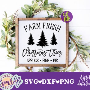 May include: A wooden framed sign with the text "FARM FRESH Christmas trees" and three black fir tree silhouettes. The sign also includes the words "SPRUCE • PINE • FIR". The sign is surrounded by greenery.