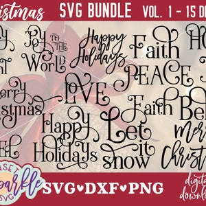 Paquete SVG navideño: Palabras y frases navideñas en formato SVG, Feliz Navidad en formato SVG, archivo DXF y PNG, archivos SVG de paquete navideño