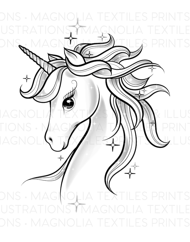 unicorn black and white illustration printable unicorn etsy