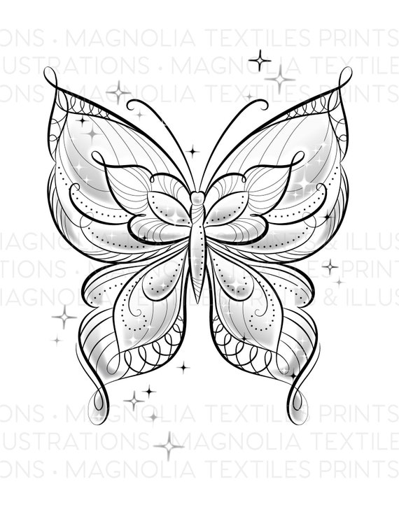 Black And White Butterfly Illustration Tonal Printable Digital Etsy