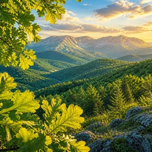 Puede incluir: Un paisaje escénico con colinas verdes y montañas bajo un cielo parcialmente nublado. El primer plano incluye hojas verdes vibrantes, con la luz del sol iluminando la escena. La imagen captura un entorno natural al aire libre.