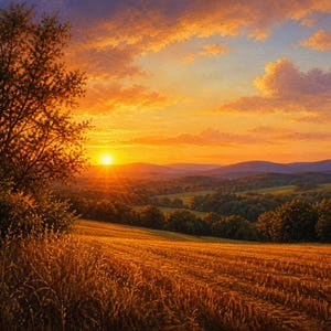 Estampado de paisaje al atardecer en Catskills – Cosecha dorada