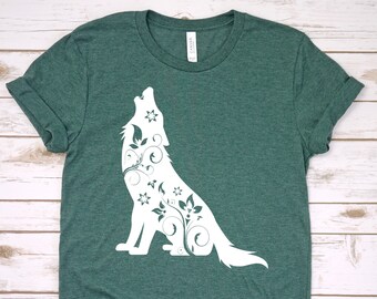 Wolf Shirt, Floral Wolf Shirt, Howling Wolf Tee, Animal Lover Shirt, Wolf Shirt, Women's Wolf Shirt, Wolf Lover Gift, Wildlife Animals Tee