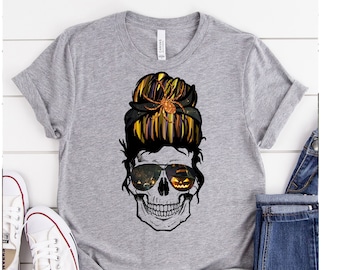 Halloween Skull Shirt, Halloween Momster Bun Skull Tee, Skull Shirt, Halloween Spooky, Mom Skull Halloween, Spooky Mom Halloween