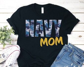 Proud Navy Mom T-Shirt: Camo Letters, Military Gift